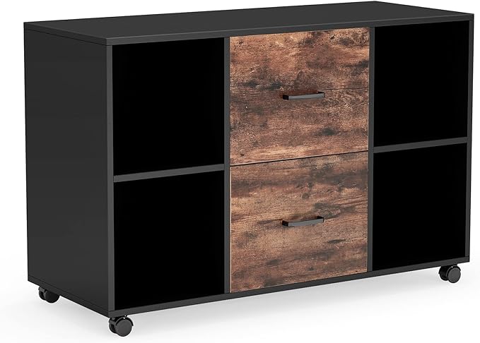 Tribesigns 2 Drawer File Cabinet, Large Mobile Lateral Filing Cabinet for Letter Size, Printer Stand with Storage Shelves and Rolling Wheels for Home Office (Black/Rustic)