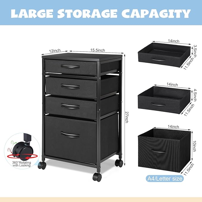 Chunful 4 Drawer Rolling File Cabinet Mobile Printer Stand Metal Cart with Fabric Vertical Filing Chest Wheels A4 Letter Size Under Desk Utility Craft Storage Organizer for Home Office (Black)