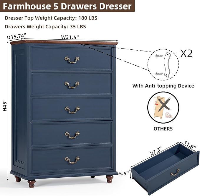 Farmhouse 5 Drawer Dresser Set of 2 for Bedroom, 45" Tall Rustic Chests of Drawers w/ 4 Solid Wood Feet, Mid Century Vintage Wooden Closet Storage Dressers Organizer for Living Room, Navy Blue