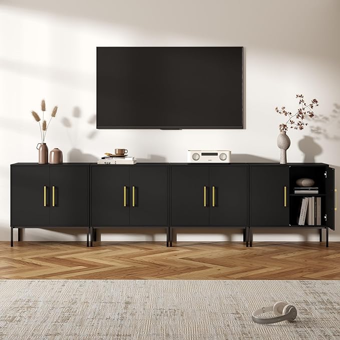 LYNSOM Storage Cabinet with Doors, Set of 4, Modern Buffet Cabinet with Storage, Kitchen Sideboard Buffet, Black Wood Accent Cabinet for Living Room, Bedroom, Hallway, Entryway, Office, Black