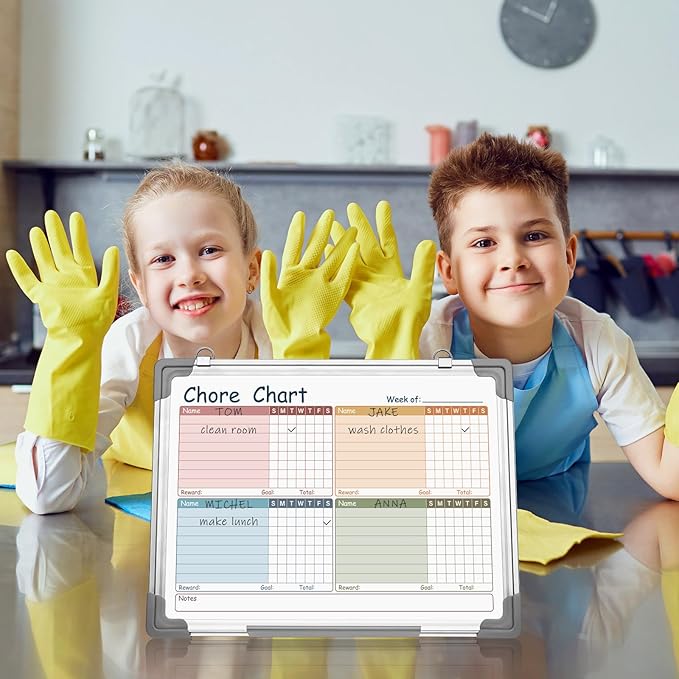 Lincia Magnetic Dry Erase Chore Chart Board for Multiple Kids Teens Adults 12"x16" Double Side Family 2 in 1 Combo Chore Board Weekly Calendar for Wall Aluminum Frame 8 Markers 1 Eraser