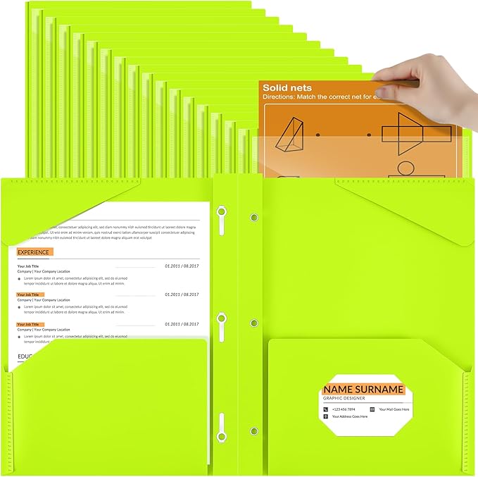 Henoyso 48 Pcs Plastic Folder with Clear Front Pocket and 3 Prongs Heavy Duty Plastic Folders with Card Slot Pocket Folders with Prongs for School Office Home(Fluorescent Green)