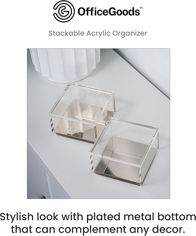 OfficeGoods 3-Tier Stackable Acrylic Holder- Stylish Desk Organizer and Storage for Office or Home – Transparent Square Design with Silver Metal Base