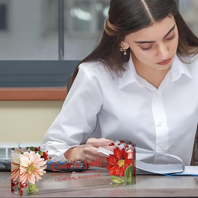 Ship Next Day Personalized Name Plate for Desk, Custom Acrylic Desk Name Sign, Office Appreciation Gifts for Women Men Coworkers Boss Teacher Employee (Flower-Lotus)