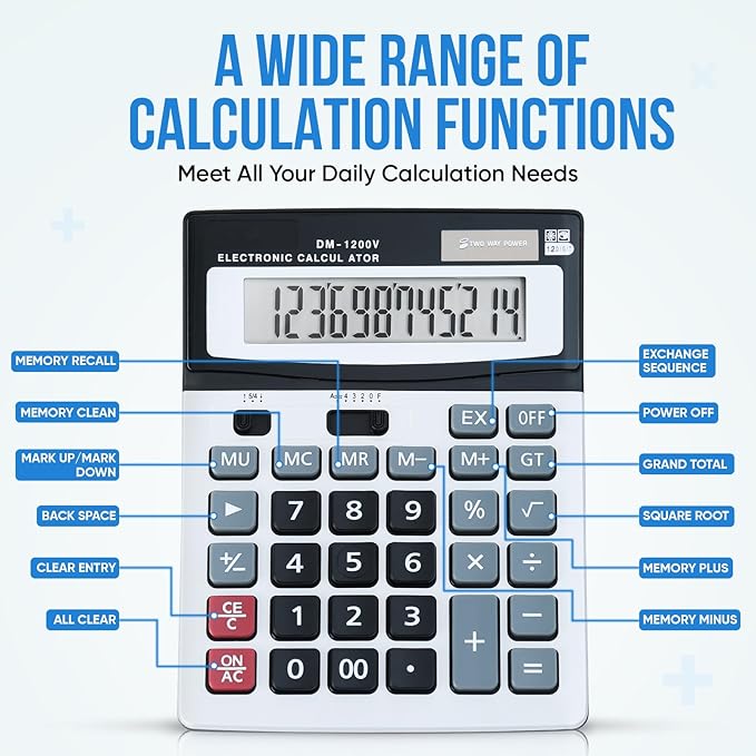 Calculator, 12-Digit Large LCD Display Calculators Desktop, Dual Powered Calculators for Office/School, Big Button Basic Desk Calculator with Standard Function