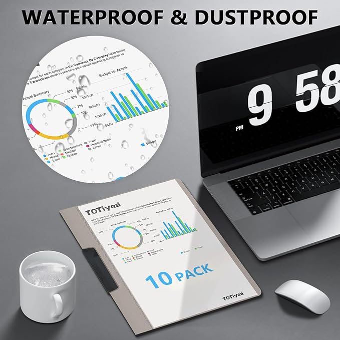 TOTiyea 10 Pack Clear Report Covers with Swing Clip, File Folder with Swing Clip, 30 Sheets Capacity, Slide Locking Report Covers, Letter Size (Grey, 10 Pack)