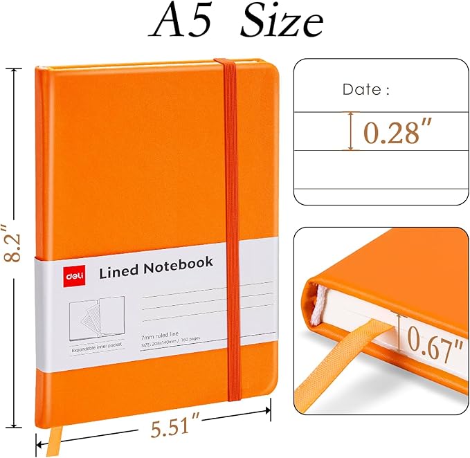 deli A5 Lined Journal Notebook, 160 Pages Hardcover Writing Notebook, 5.5"x8.2" College Ruled Notebook for Office, School, Work Notes (Orange)