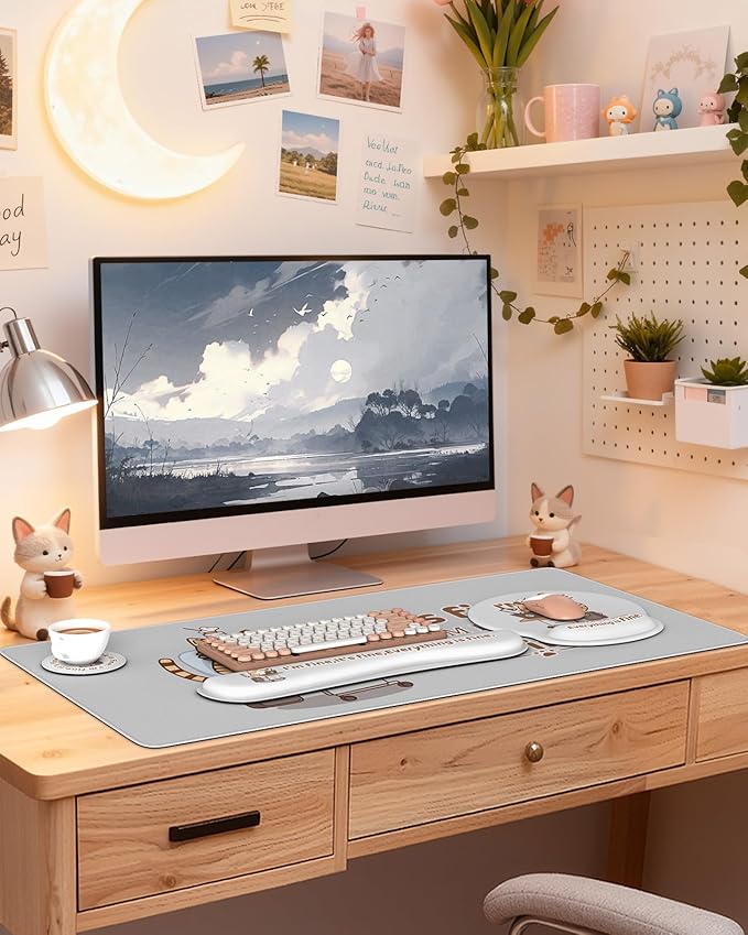 HAOCOO 4-in-1 Desk Cover Mat, Ergonomic Keyboard Wrist Rest, Wrist Support Mousepad with Coaster Set, Extended Desktop Pad Waterproof, Non-Slip Base Desk Accessories Mat for Office Decor