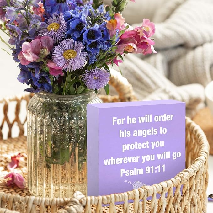 Purple Psalm 91:11 Office Decor Desk Accessories Inspirational Gifts for Women Bible Verse Gifts Purple Christian Office Decor Sign Desk Decorations for Women Home & Office Cute Desk Accessories