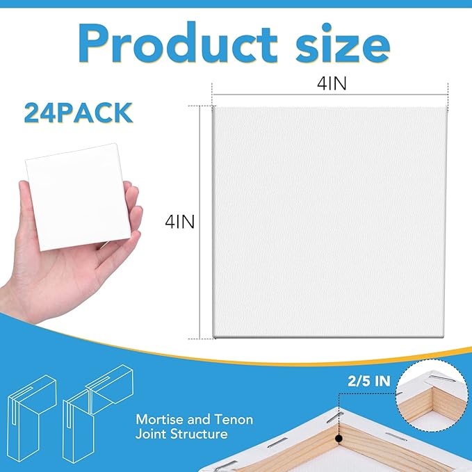 ESRICH Mini Canvases for Painting,4x4In Canvas in Bulk 24Pack, 2/5In Profile Small Square Canvas, Blank Canvases are Great for School Projects and Kids Birthday Parties, Home Decor Project.