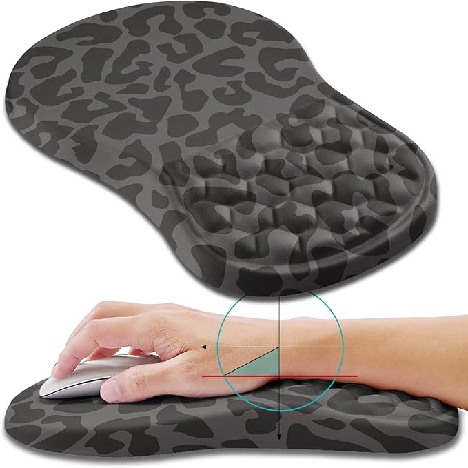 Hokafenle Ergonomic Mouse Pad Wrist Support, Wrist Rest Mousepad for Carpal Tunnel Pain Relief with Integrated Memory Foam Slope Massage Bulge (11.8x7.9 inch,Black Leopard
