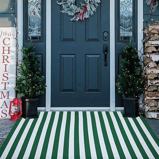 CAINANEL Christmas Outdoor mat 3' x 5' Green and White Striped Outdoor Rug Front Porch Rug,Christmas Home Decor, Layerd Welcome Doormat for Front Porch Decor, Front Door, Farmhouse Decor