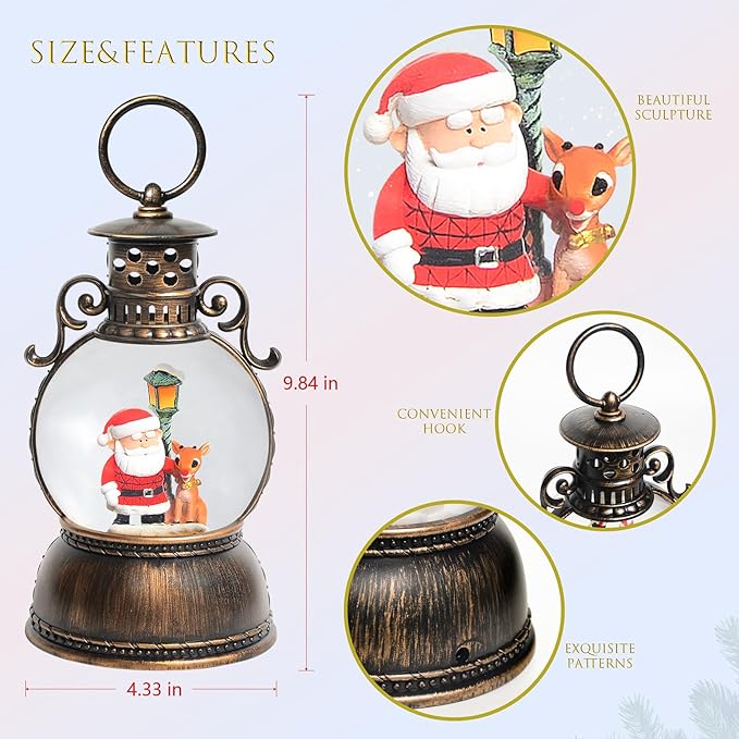 Christmas Snow Globes, Santa Claus and Deer Christmas Lantern with 8 Songs, 6H Timer Battery & USB Powered Glitter Music Box for Christmas Table Decorations Holiday