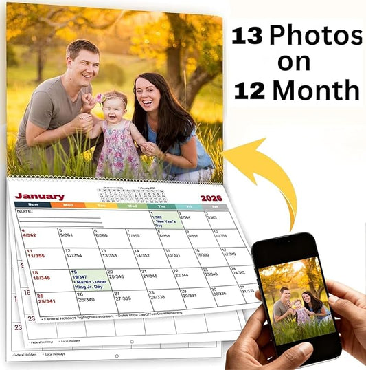 Custom Photo Wall Calendar 2026 - Personalized Family & Office Photo, Print Your 13 Memories Custom - Perfect for Parties, Birthdays & Christmas Gifts