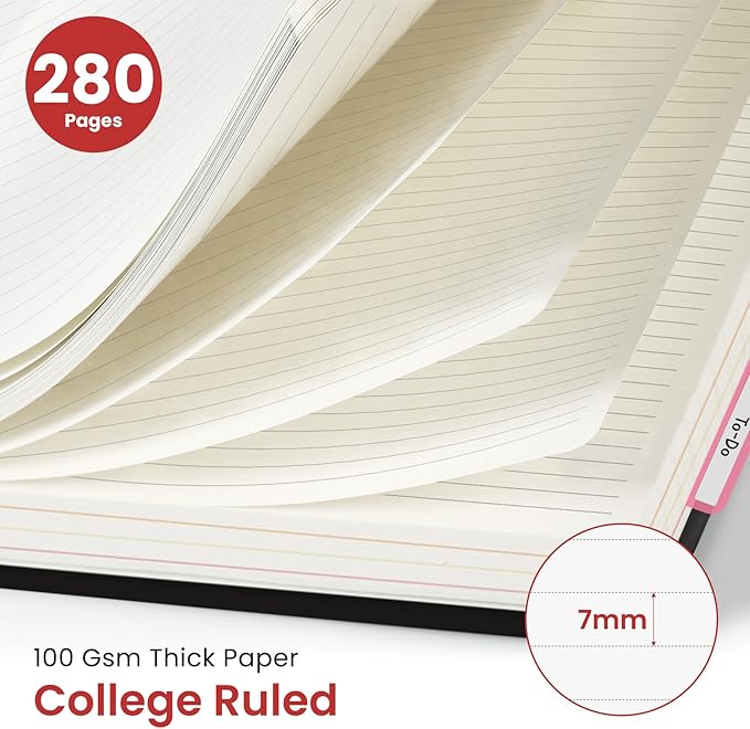 Hardcover Spiral Journal Notebooks for Work With Removable Dividers & Tabs, 8.5"x11" 5 Subject Notebook for Note Taking & Organizer, A4 College Ruled Lined Journal for Women & Writing, Black, 280 Pages