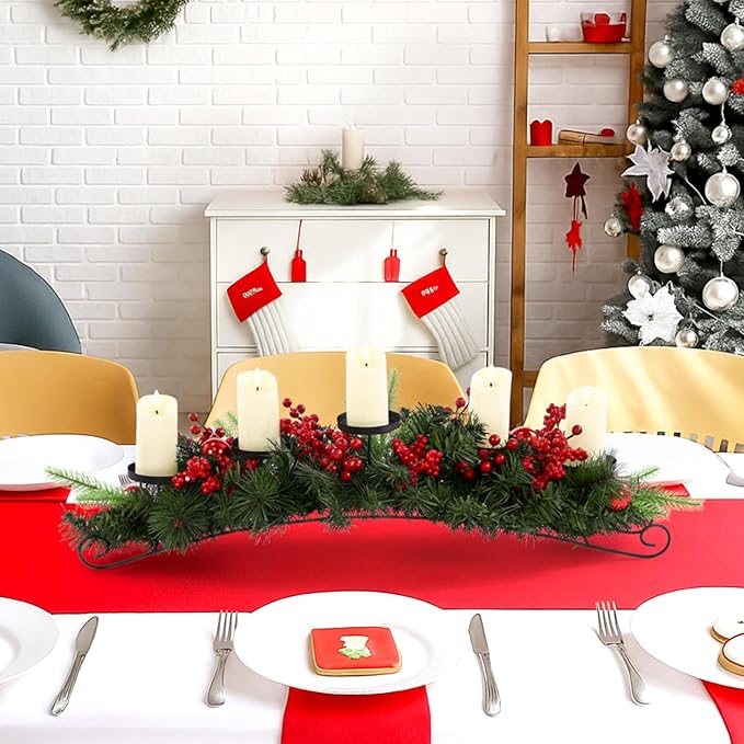 Yungyan Christmas Tabletop Centerpiece 30 Inch, Includes 5 Battery Operated LED Candle Holders, Norfolk Branch, Red Berries, Red Balls and Base, Christmas Artificial Dinner Table Decorations