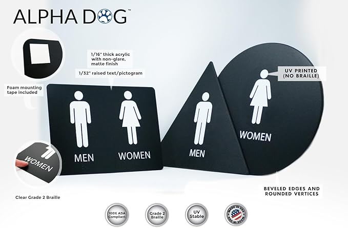 ALPHA DOG ADA SIGNS Men's Women's Restroom Sign Bundle 6x9 inch ADA Compliant Business Wall Mount Indoor Outdoor Easy Install USA Made (Black)