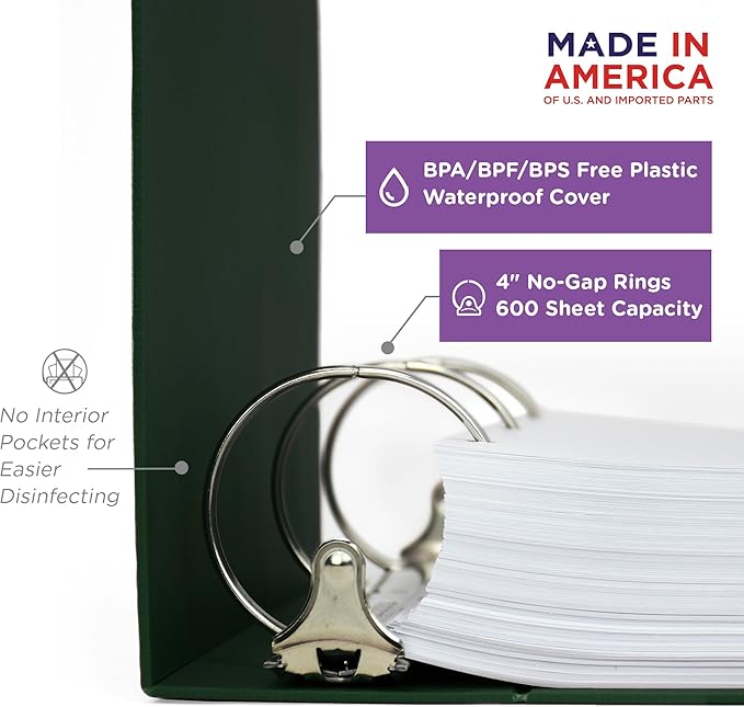 Carstens 4-Inch Heavy Duty 3-Ring Binder - Side Opening, Forest Green, Durable Plastic, Precision No-Gap Rings, Waterproof Cover, No Pockets, Holds 600 US Letter Sheets, BPA-Free Made in USA (1850-3R)