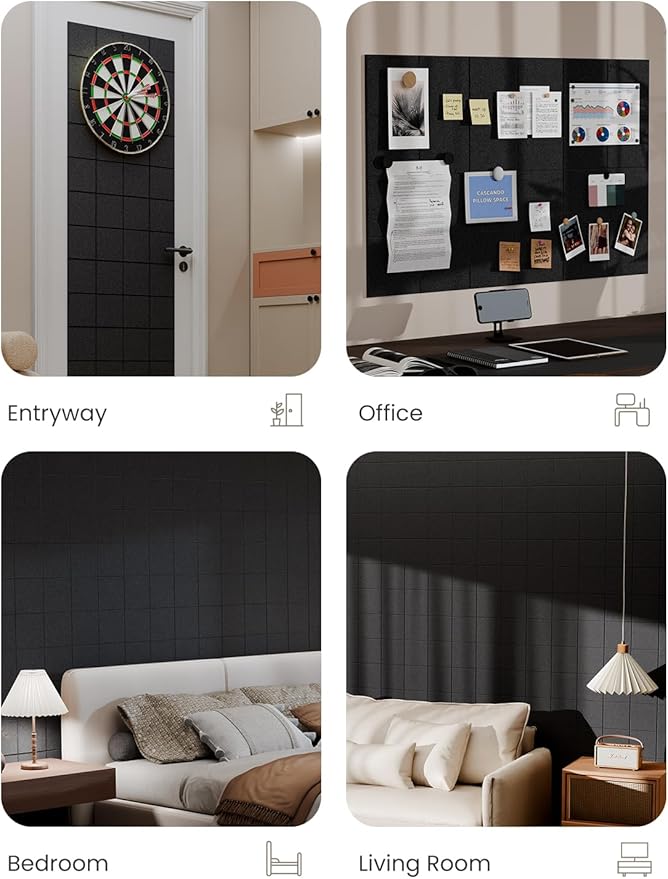 Bumusty Large Cork Board Alternative-36 x24 Felt Bulletin Board Tiles, with 30 Pushpins, 40 Adhesive Tabs, 6-Pack Slat Wall Paneling, Cork Boards for Office Push Pin Board Felt Board-Black