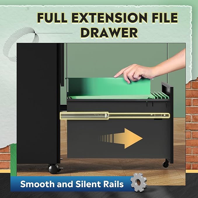 DEVAISE 2-Drawer File Cabinet with Lock, Rolling Metal Filing Cabinet on Wheels for Home Office, Fully Assembled Under Desk Storage Organizer, Black, 17" D x 15" W x 27" H