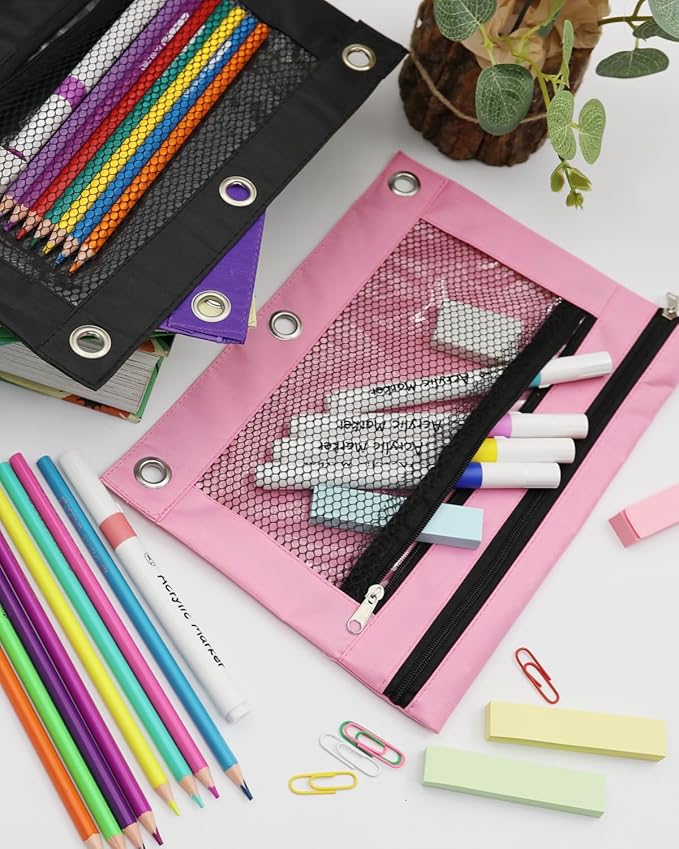 3 Ring Binder Pencil Pouch - School Pencil Case with 2 Zippered Pockets, Clear Mesh Window Pencil Bag, B5 Size, Back to School Gifts (Pink)