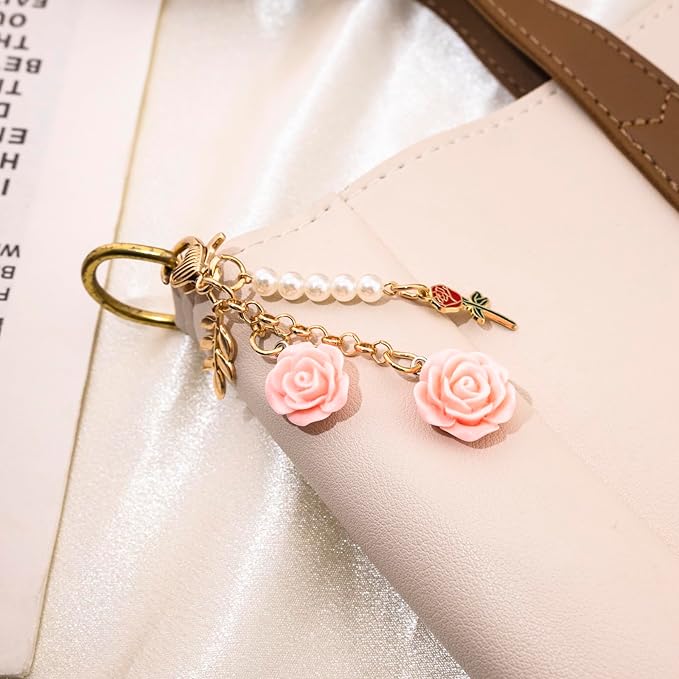 Rose Purse Charms Cute Flower Keychain With Heart Sticker Charm Chain For Kindle Colorful Bag Charms For Handbags