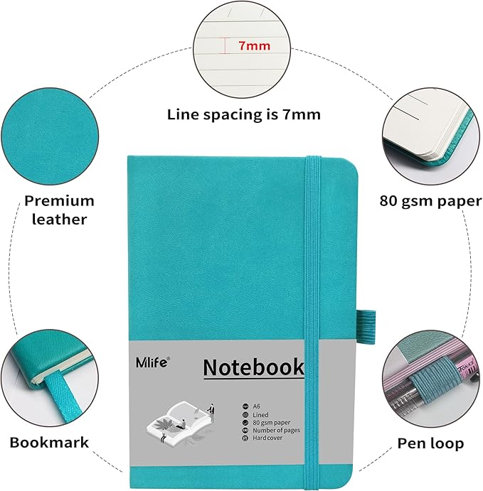 A6 Small Journal Notebook, Lined Pocket Notebook with Pen Holder, Mini Notebook Hardcover, 192 Pages, 3.9 inches * 5.5 inches Jurnal for Women and Man (3Pack Turquoise)