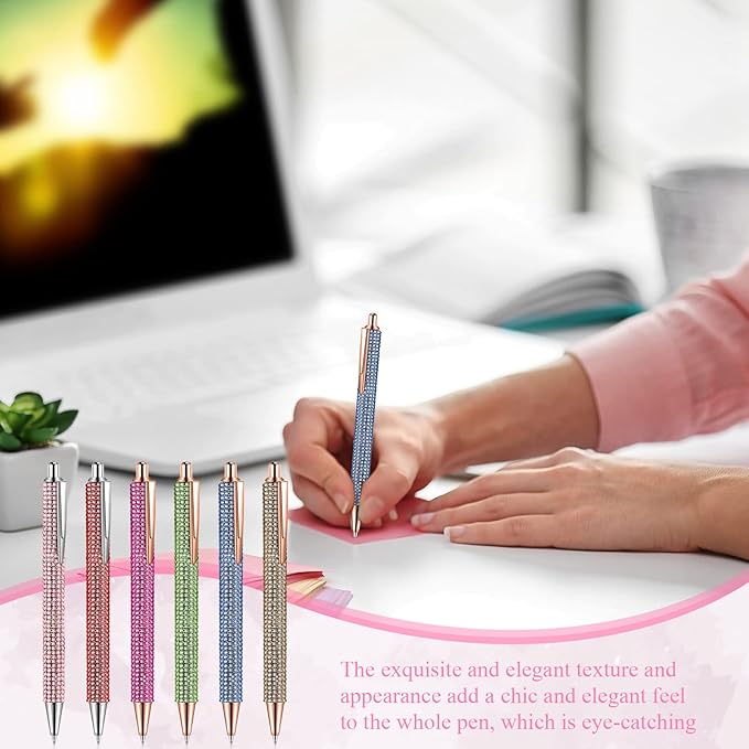 Jeyiour 6 Pcs Bling Pen Cute Diamond Wedding Rhinestones Gift Metal Ballpoint Fancy Sparkly Crystal Retractable Black Ink Pen for Women Office Birthday 0.7mm(Colorful)