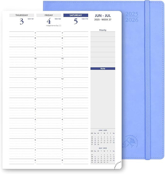 POPRUN Academic Planner 2025-2026, 8.5'' x 11.25'', Quarter-Hourly Appointment Book (July 2025-June 2026) with PU Leather Soft Cover, Dual Pockets, Monthly Tabs, 100GSM Thick Paper - Cornflower
