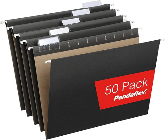Pendaflex Black Hanging File Folders, 8.5 X 11 Letter Size with 1/5 Cut Adjustable Tabs - 50 Pack