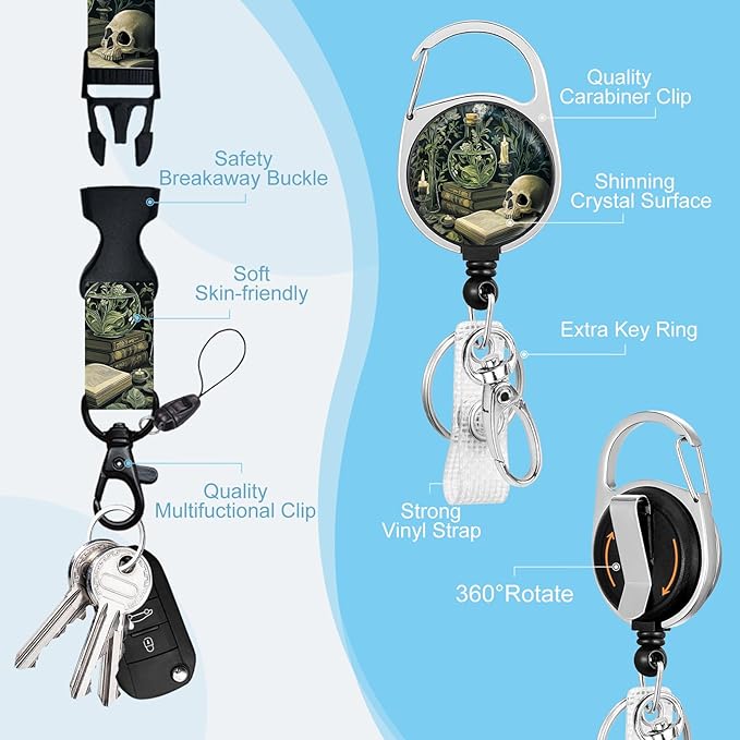 Gctriki Goth Lanyards for ID Badges, Skull Plants id Holder with Lanyard, Retractable Badge Reel Clip Keychain Name Tag Protector for Women Teacher Nurse Doctor Student Worker Office Gift Gothic Book