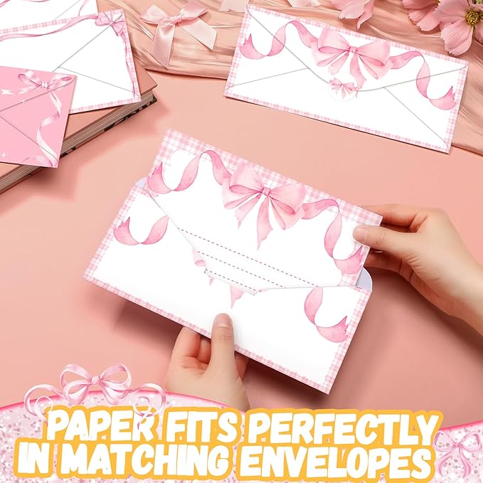 TaoBary 160 Pcs Stationery Paper Set 50 Double Sided Stationery Papers with 50 Matching Envelopes and 60 Round Dot Sticker, 10 Design(Pink Bow,8.5 x 11 Inch)