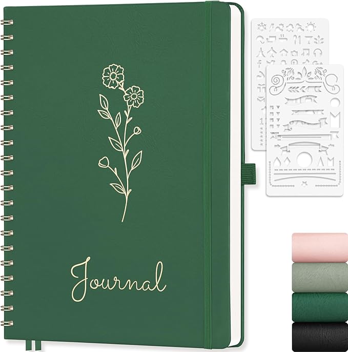 EMSHOI Bullet Dotted Journal - Dot Grid Spiral Notebook 8.5" x 11", A4 Large Dotted Notebook, 100 GSM Thick Paper, PU Leather Hardcover Journals for Bullet Journaling, Sketching, Dark Green