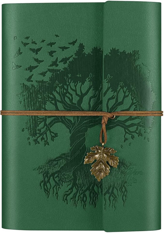 OMEYA PU Leather Journal Notebook, Travel Journal with 2 Pockets, Vintage Refillable Journal for Writing, Diary Journal for Women, Men, Girls and Boys, 100GSM Blank Paper, 160 Pages (Green A6)