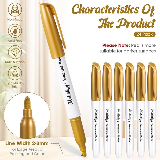 24 Pcs Metallic Permanent Markers Bulk Gold Fine Point Metallic Paint Markers for DIY Crafts, Gift Card Making, Artist Illustration (Gold)