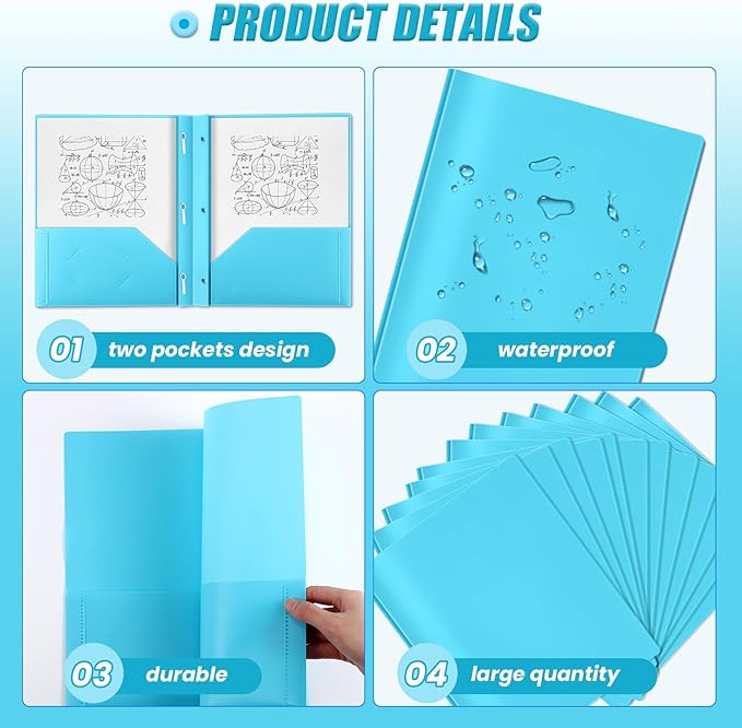 Yeaqee 60 Pcs Plastic Folders with Pockets and Prong Plastic Folders with 2 Pockets Pocket for Office, School for Students, Teachers, Office Workers (Light Blue)