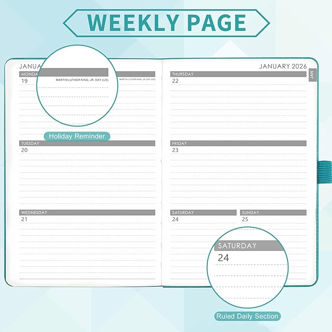 2026 Planner - Planner 2026, 2026 Weekly Monthly Planner, Jan.2026 - Dec.2026, 5.7'' x 8.4'', Thick Paper, Leather Cover, Pen Holder, Back Pocket, Bookmarks, Perfect Daily Organizer - Green