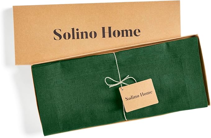 Solino Home Linen Table Runner 36 Inches - 100% Pure Linen Pine Green Table Runner 14 x 36 Inch Ideal for Dresser and Coffee Tables - Fall, Autumn, Thanksgiving, Christmas - Fete
