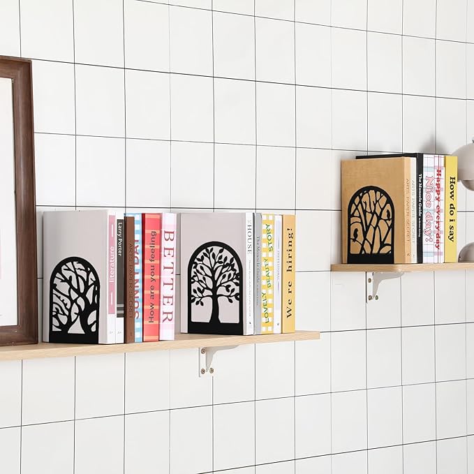Faccito 5 Pairs Book Ends, Black Metal Bookends for Shelves Decorative, Non Skid Tree Stopper and Flower Shelf Holder for Heavy Books, Home Office School Supplies(Modern)