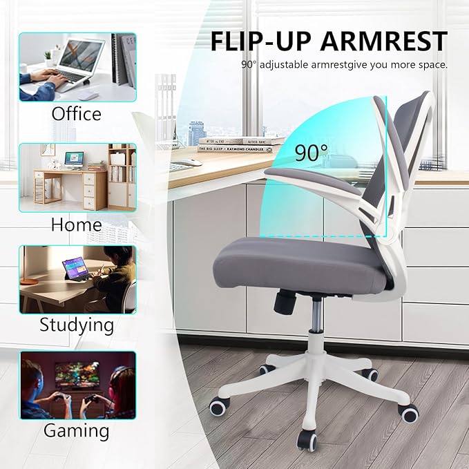 Ergonomic Comfort Home Desk Office Chair, Mid Back Computer Gaming Chair with Wheels, Adjustable Height, Lumbar Support, Flip-up Armrest with 350LBS Capacity (White Grey)