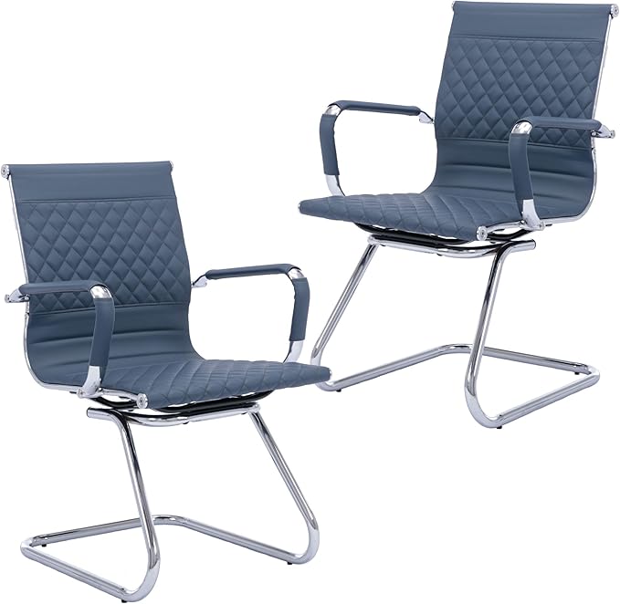 Office Guest Chairs Reception Chairs Waiting Room Chairs Set of 2 Conference Room Chair with Mid Back, Modern PU Leather Desk Chairs, Navy