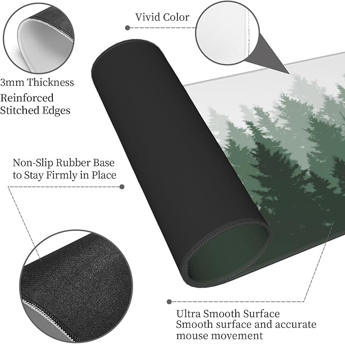 Green Tree Forest Gaming Mouse Pad Non Slip XL Large Mousepad Stitched Edge Rubber Base Desk Mat for Laptop PC Computer