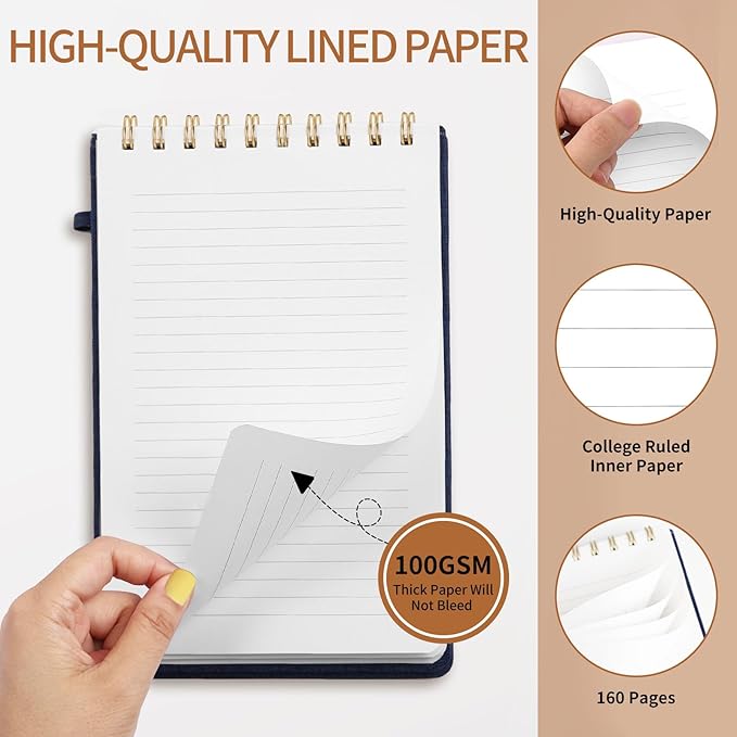 A5 Top Spiral Notebook – Hardcover Journal 160 Pages 100 GSM Thick Paper With Elastic Band & Pen Holder Steno Pads College Ruled Writing Notebooks for Work School Travel Gray