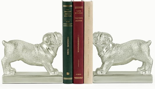 Decorative Bookends for Shelves, Dog Book Ends for Heavy Books, Bulldog Statues Bookends for Heavy Books with Anti-Slip Base Book Holders for Home Office Decor (Silver)