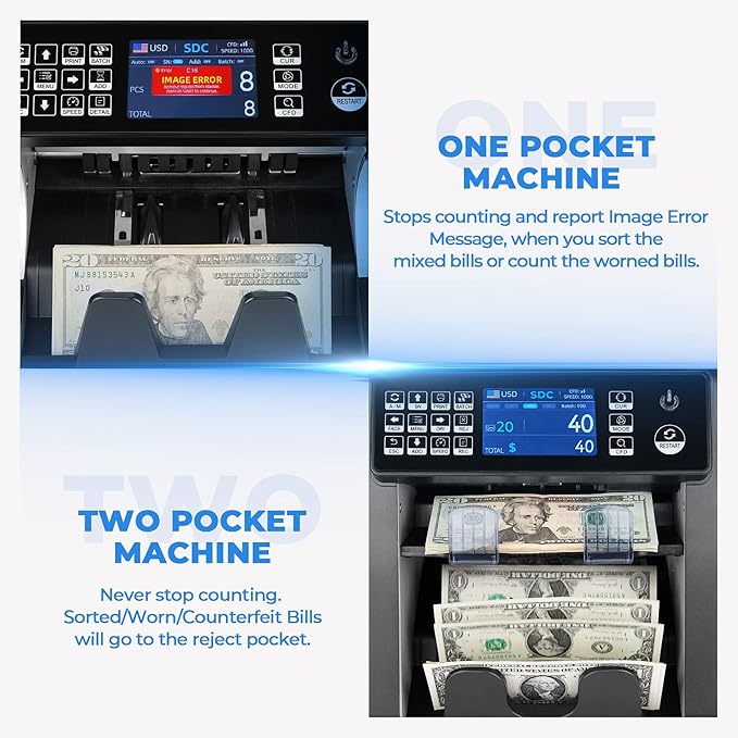 MUNBYN IMC08 Dual Money Counter Machine Mixed Denomination with Reject Pocket, Value Counting, Counterfeit Detection 2 CIS/UV/MG/IR, Sort&Print Enabled Cash Counter, Mixed Bill Counter (White)
