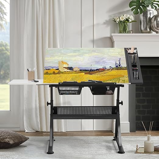 MoNiBloom Art Deco Drafting Table, Height-Adjustable, Tiltable Tabletop, Stool for Reading Writing Painting, Homeschooling Desk for Children with 2 Storage Drawers