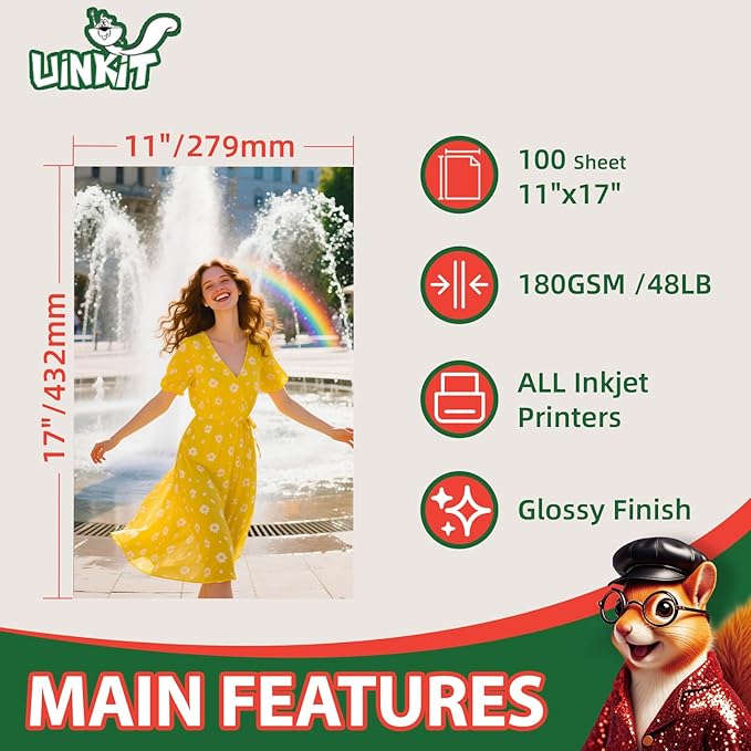 Uinkit Glossy Photo Paper 11x17 Inches 100 Sheets - Inkjet Printer Paper for Photos, Posters, Menus, Invitations - Vivid & Quick Drying Dye Ink Printers, No Curling, Smudge Proof