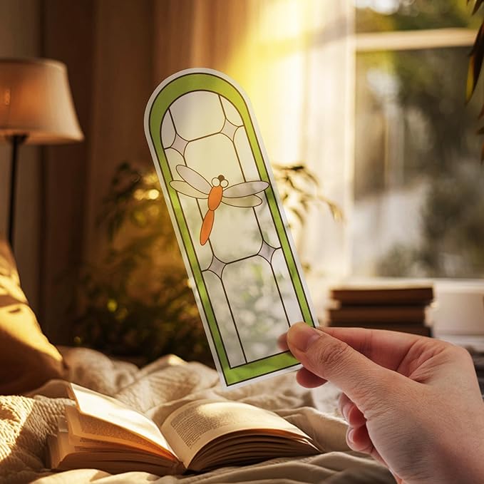 SWATOM 6 PCS Two-Sided Frosted Stained Glass Bookmarks for Reading Women Waterproof Transparent Plastic Bookmark Gifts for Book Lovers with Bookmark Holders ﻿