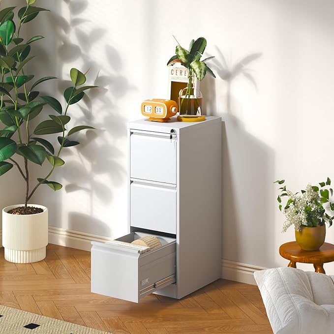 3 Drawer File Cabinet, Metal Vertical Filing Cabinet for Home Office, Locking Steel Easy Assemble 18" D File Cabinets for Legal/Letter/A4/F4 (White)