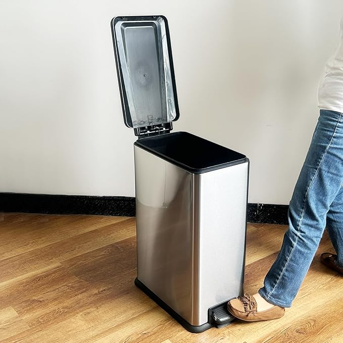 12 Gallon Trash Can with Lid，45L Kitchen Garbage Can,Stainless Steel Trash Can for Narrow Spaces with Soft-Close Lid, Inner Bucket, and Step-on Pedal
